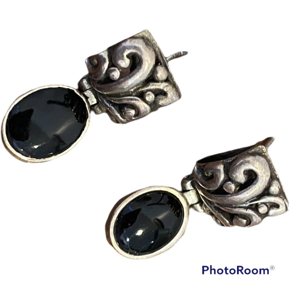 .925 Sterling Silver and Black Onyx Doorknocker Earrings, Post Back